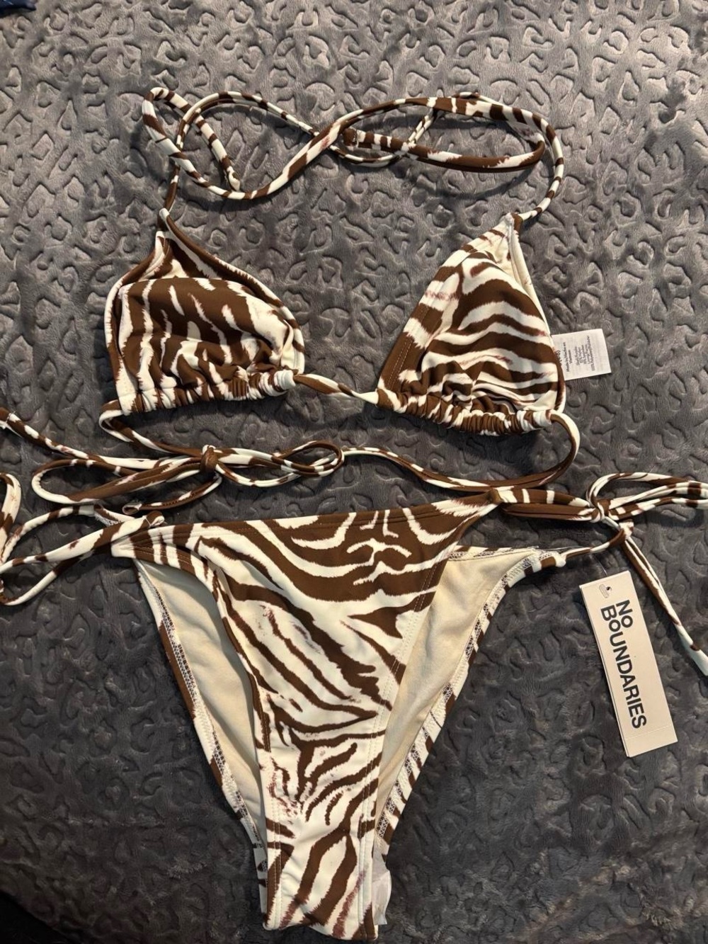 No Boundaries Brown and Cream Zebra-Print String Bikini